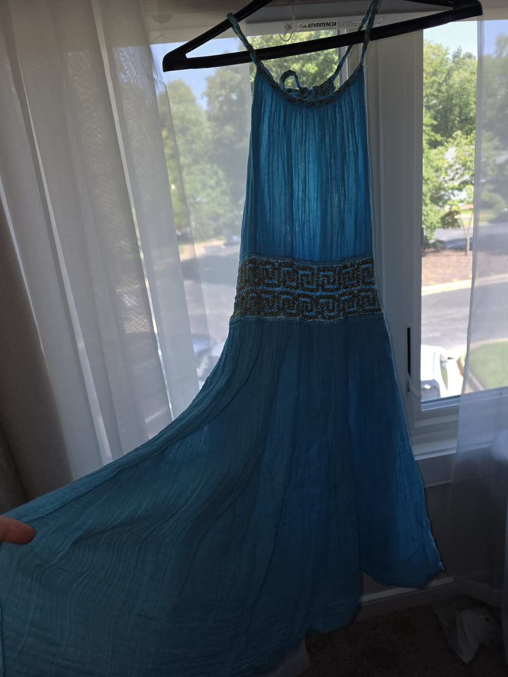 Turquoise Crinkle Gauze Grecian Halter Maxi Dress Gold Greek Key Embroidery